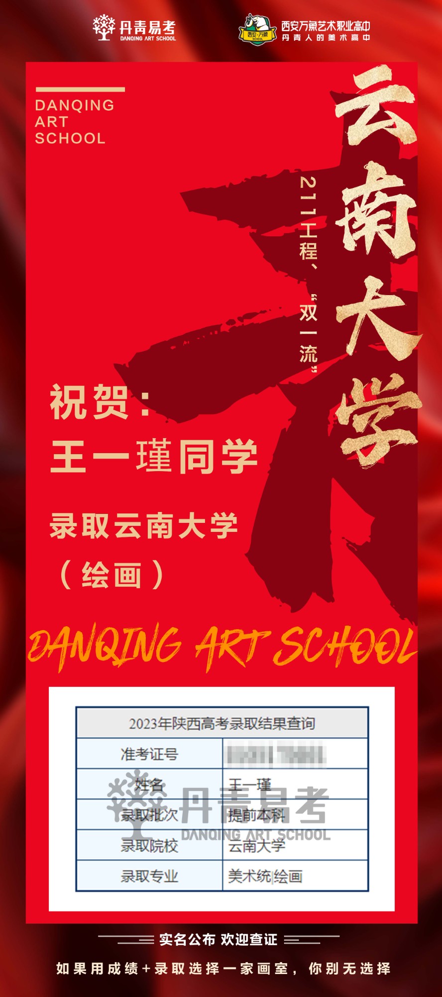 祝贺丹青学子王一瑾录取云南大学绘画