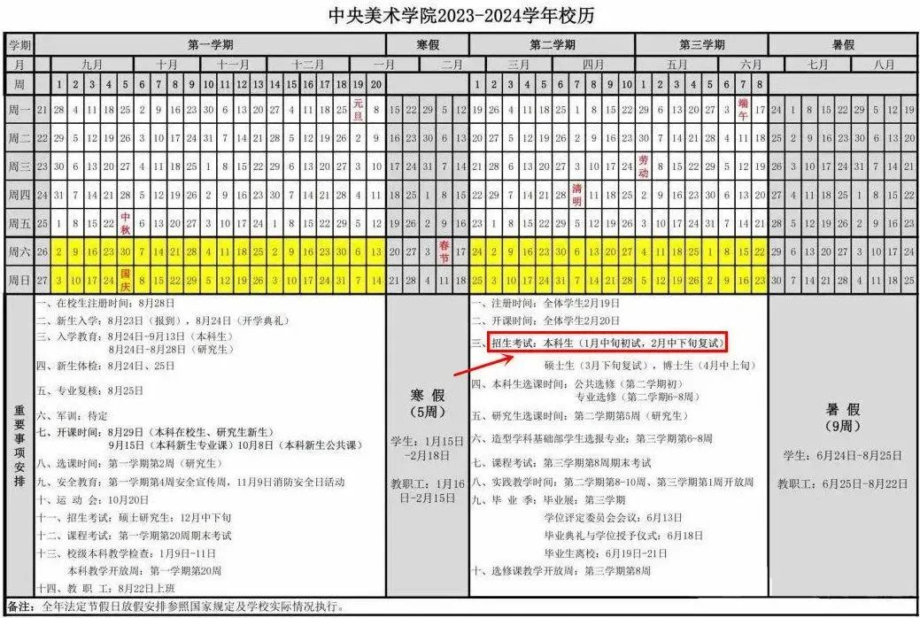 中央美术学院2024年校考专业及考试时间